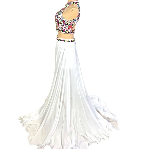 Custom 2PC Set Pageant Floral Embroidered Halter Top White Shorts Chiffon Skirt - Picture 8 of 10